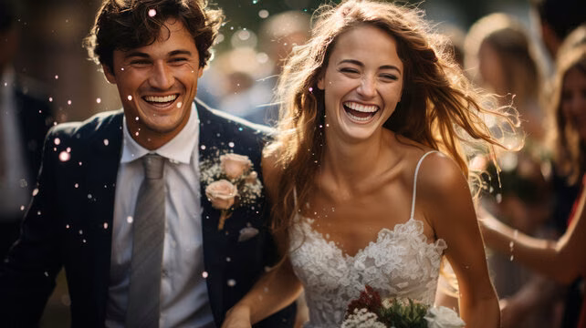 A smiling bride and groom walk out together as guests celebrate
